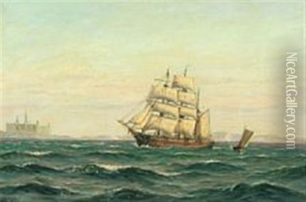 Marine With Kronborg On The Horizon Oil Painting - Vilhelm Karl Ferdinand Arnesen