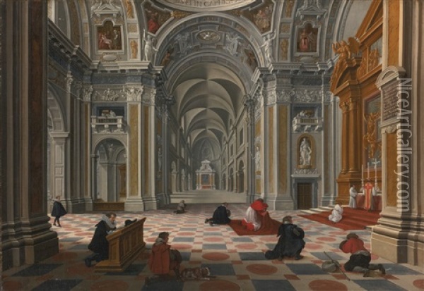 Figures At Mass In An Ornate Church Interior Oil Painting - Bartholomeus Van Bassen