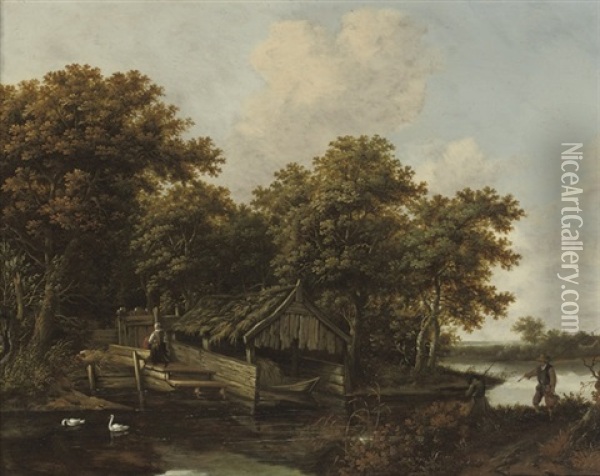 A River Landscape With Fishermen On The Riverbank Oil Painting - Cornelis Gerritsz Decker