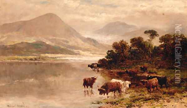 Highland Cattle Watering In A Loch Landscape Oil Painting - William Langley