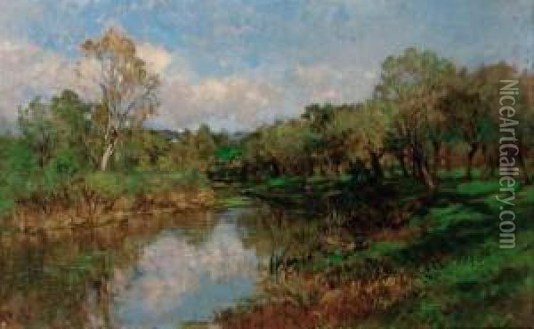 A Tranquil River Landscape; And Leaving Port Oil Painting - Eugenio Gignous