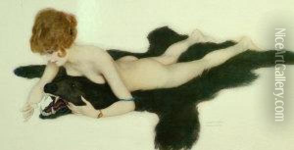 Nude On A Bear Skin Oil Painting - Raphael Kirchner