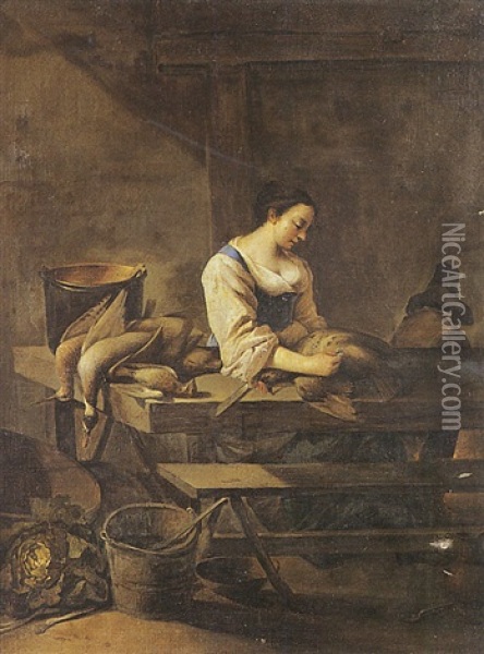 Jeune Femme Plumant Une Volaille Dans Un Interieur De Cuisine Oil Painting - Jean Tassel
