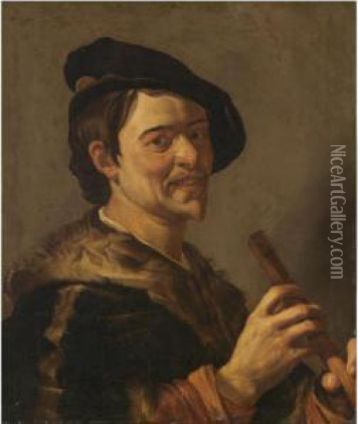 A Portrait Of The Artist, Half Length, Holding A Flute Oil Painting - Dirck Van Baburen