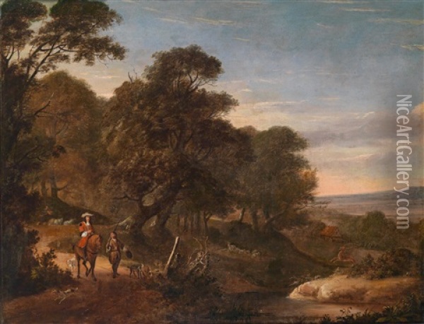 Bewaldete Landschaft Mit Einem Reiter, Seinem Jagdgehilfen Mit Hunden Oil Painting - Jacques d' Arthois