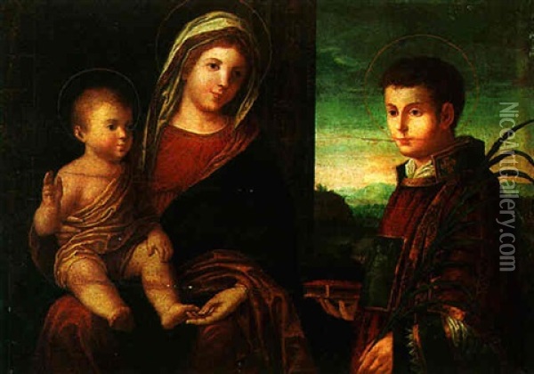 Madonna And Child With A Male Martyr Saint Oil Painting - Vittore di Matteo Belliniano