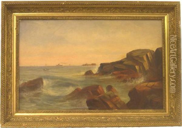 Shore Scene Distant Steam And Sailing Ships Oil Painting - Samuel W. Griggs