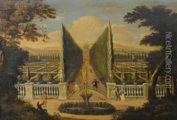 A Formal House And Garden With Elegant Figures Resting Beside A Fountain Before An Avenue Of Cypress Trees Oil Painting - Robert Robinson