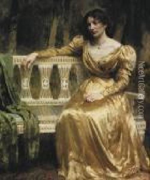 Mrs Ottilia Brorson In A Yellow Silk Dress Oil Painting - Julius Paulsen
