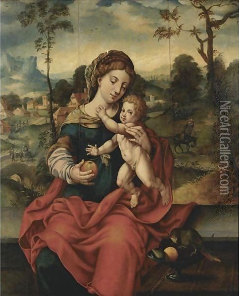 The Virgin And Child In A Landscape Oil Painting - Italian Unknown Master