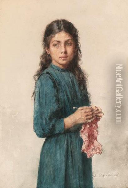 A Young Girl Knitting Oil Painting - Alexei Alexeivich Harlamoff