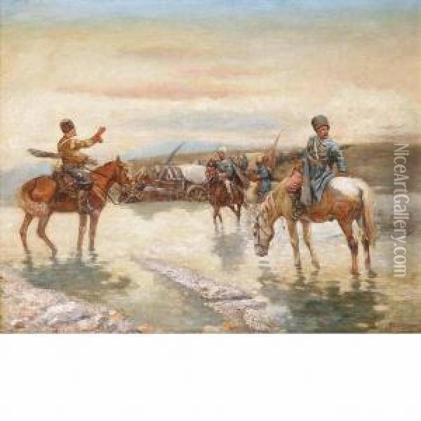 Cossacks Crossing A River Oil Painting - J.R . Rousseau