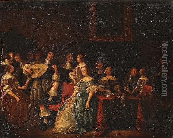 An Elegant Company Making Music In An Interior Oil Painting - Antonie Palamedesz