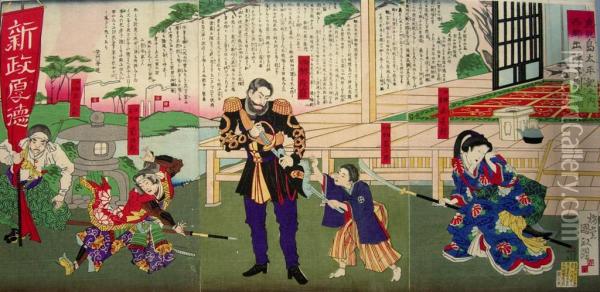 Saigo Takamori Wyruszajacy Na Bitwe-tryptyk Oil Painting - Utagawa Kunimasa