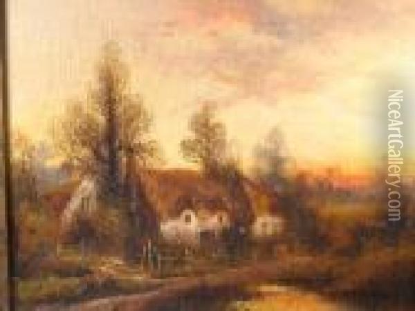 Thatched Houses And Sunset Oil Painting - Alexander Jamieson