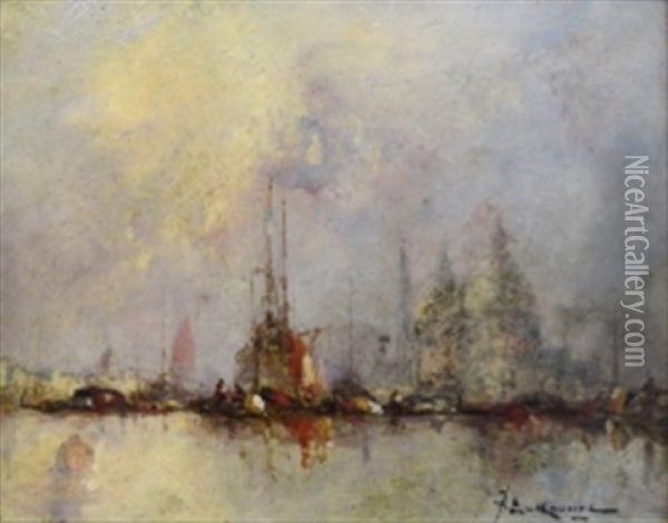 Vue De Rouen Et Vue Du Grand Canal A Venise (2 Works) Oil Painting - Leon Gustave Ravanne