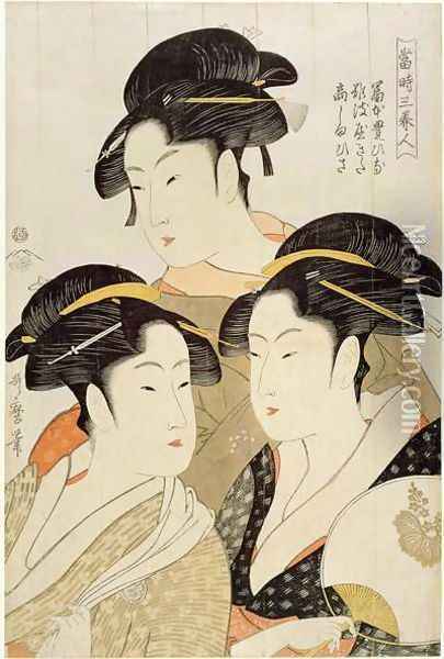 Three Beauties of the Present Day, Edo Period, Japan, c.1793, Oil Painting - Kitagawa Utamaro