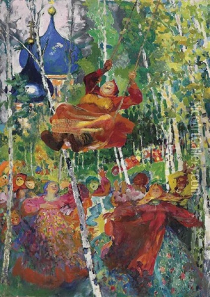 Baba On A Swing Oil Painting - Filip Malyavin