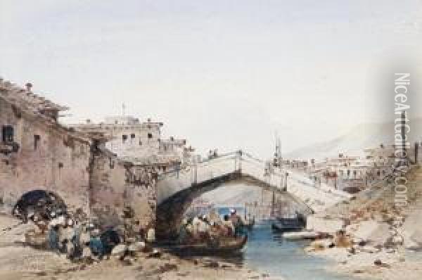 Figures In A Boat By A Bridge Oil Painting - Anton Ii Schranz