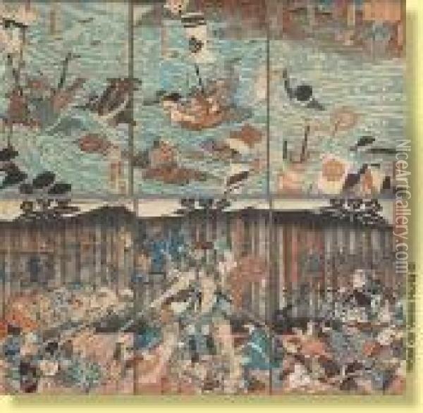 Combats Terrestres Oil Painting - Utagawa Kuniyoshi