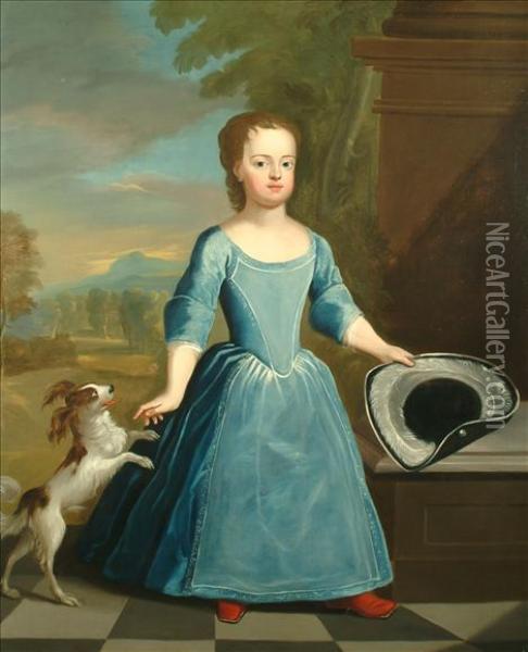 Portrait Ofchild With A Spaniel 
Full Length Standing, Wearing A Blue Dress Andholding A Plumed Hat Oil Painting - Sir Godfrey Kneller