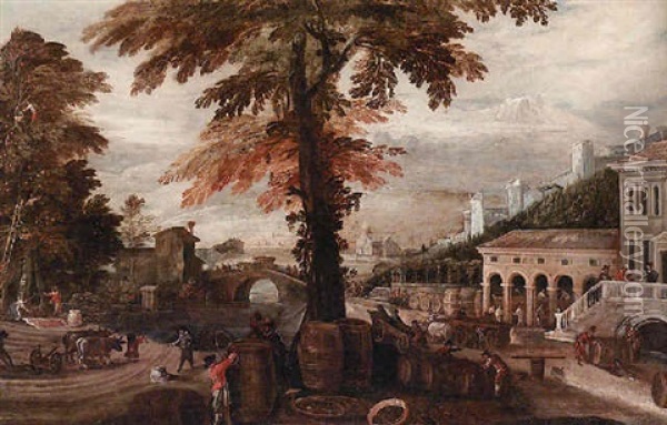 Paesaggio Con Figure E Architetture (l'autunno) Oil Painting -  Pozzoserrato