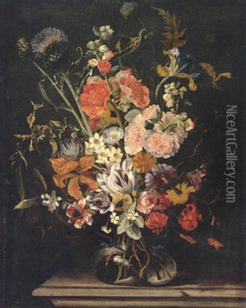 Still Life Of Tulips, Carnations, Stocks, Irises, Thistles And Lilies In A Glass Vase Upon A Stone Ledge Oil Painting - Jan Peeter Brueghel