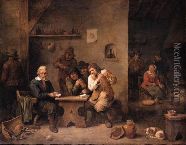 A Boor Showing His Cards To His 
Opponent With Onlookers In Atavern, A Maid Frying Pancakes Beyond Oil Painting - David The Younger Teniers