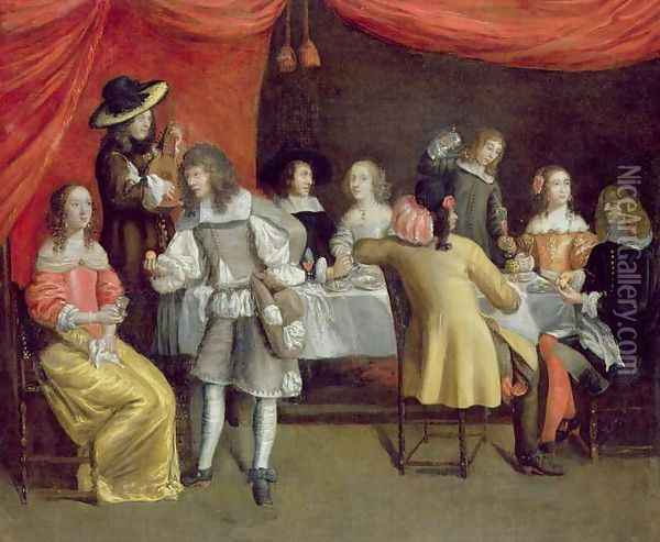 Elegant Company Dining Beneath a Red Canopy Oil Painting - Hieronymus Janssens