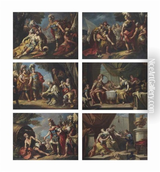 Alexander And Diogenes; Alexander And The Family Of Darius; Alexander Before The Body Of Darius; The Death Of Darius; The Death Of Sophonisba; And The Banquet Of Antony And Cleopatra Oil Painting - Gaspare Diziani