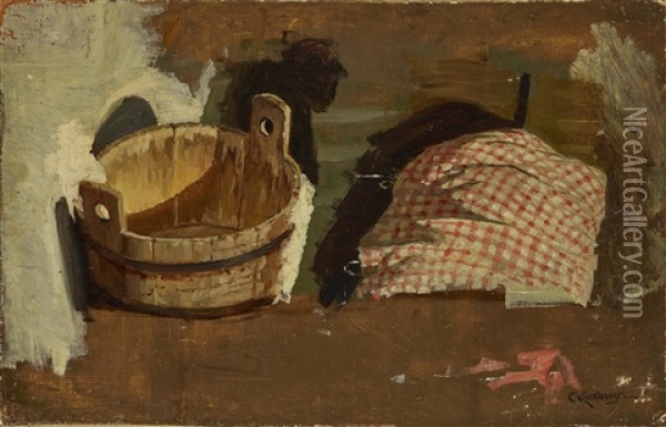 Study Of A Wooden Tub And A Chequered Cloth Oil Painting - Carl Kronberger