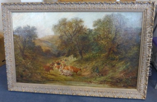 Cattle In A Wooded Valley Oil Painting - William Meadows