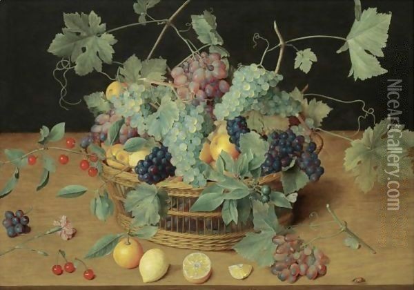 A Still Life With Fruit In A Basket, Including Bunches Of Grapes And Lemons, Cherries And Oranges On The Wooden Table Beneath Oil Painting - Isaak Soreau