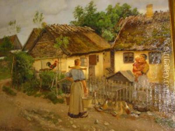 Figures Before A Cottage Oil Painting - Gabriel Oluf Jensen