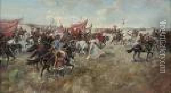 Cossacks Riding Into Battle Oil Painting - Franz Roubaud
