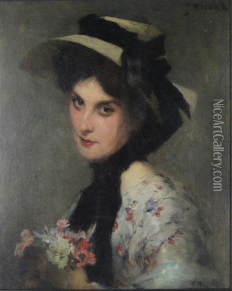 Portrait Of A Lady, Wearing A Bonnet, Holding Flowers Oil Painting - Gabriel Emile Nicolet
