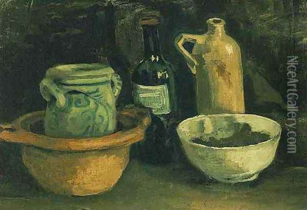 Still Life With Pottery And Two Bottles Oil Painting - Vincent Van Gogh