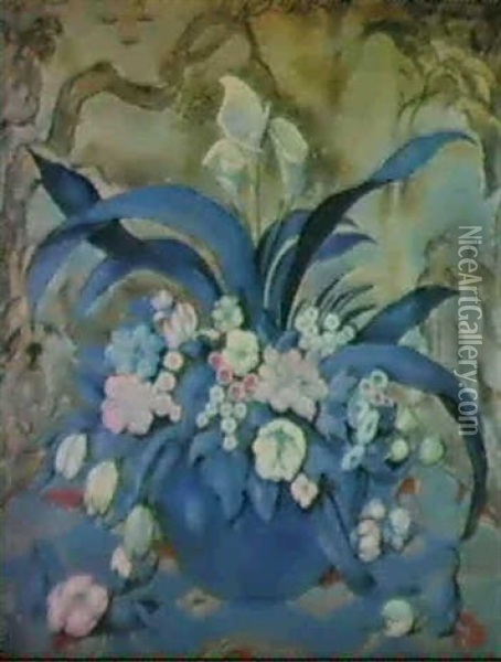 Grosses Blumenstilleben In Blauer Vase Oil Painting - Emil Orlik