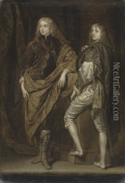 Double Portrait Of Two Young Gentlemen, Traditionally Identified As Lord John Stuart (1621-1644) And His Brother, Lord Bernard Stuart (1623-1645), Small Full-length - En Grisaille Oil Painting - Anthony Van Dyck