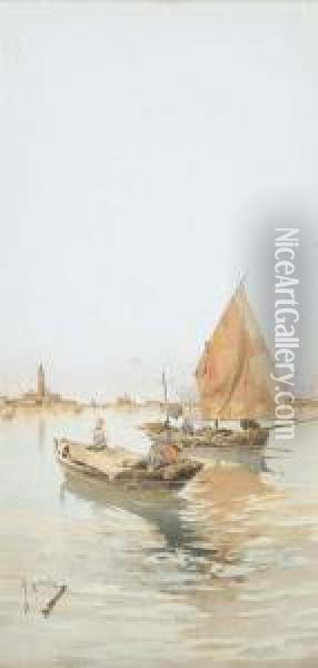 A Gondola On The Lagoon; Boats Sailing In The Lagoon Oil Painting - Raffaele Mainella