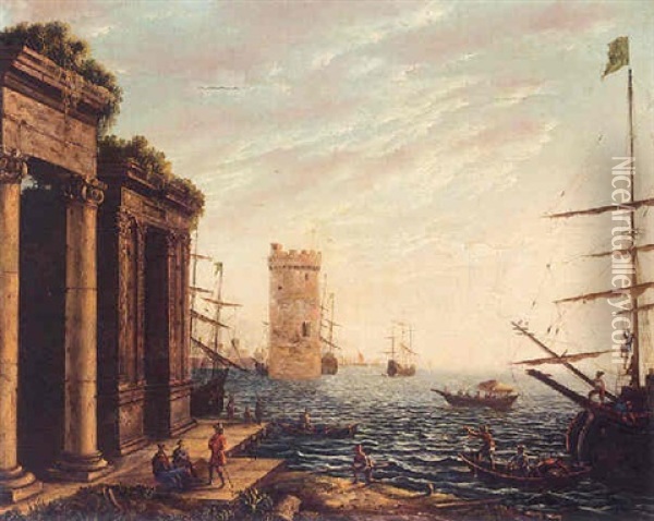 A Classical Harbour At Dusk Oil Painting - Claude Lorrain