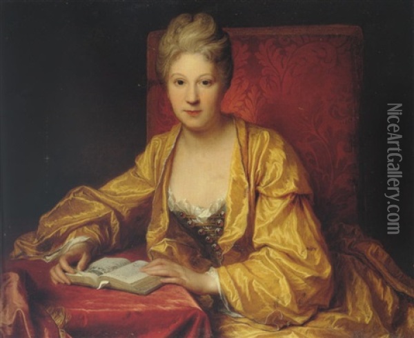 A Portrait Of A Lady (adrienne Le Couvreur?) Reading A Book Oil Painting - Jean-Baptiste Santerre