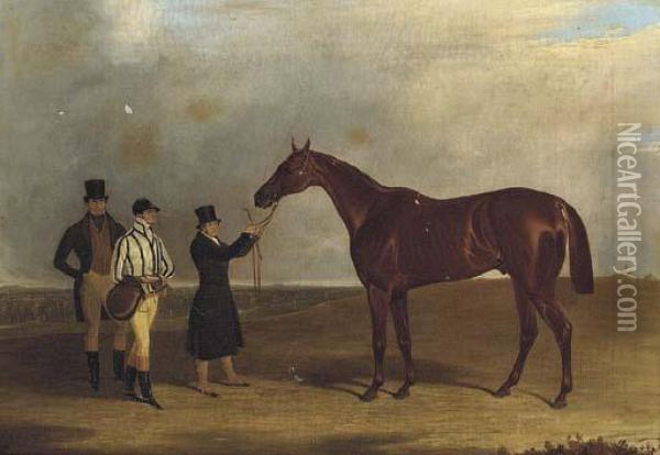 General Chasse Held By His Trainer With His Jockey And Ownerstanding To The Left Oil Painting - John Dalby Of York