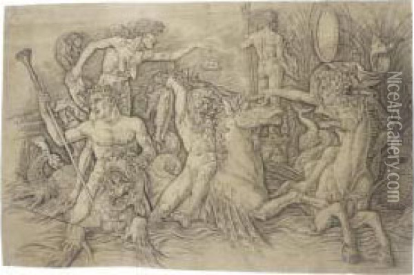 Battle Of The Sea Gods: Left Half (hind V, P. 15, 5) Oil Painting - Andrea Mantegna