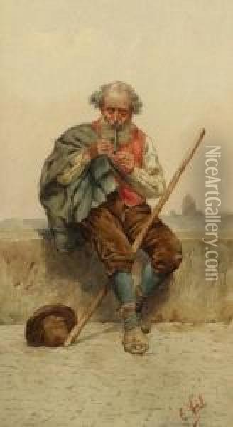 Old Man Resting Smoking A Pipe Oil Painting - Eduard Vitali