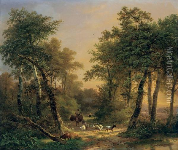 Bewaldete Landschaft Mithirten Und Schafherde Oil Painting - Pierre Jean Hellemans