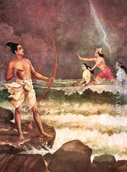 Sri Rama Vanquishing The Sea Oil Painting - Raja Ravi Varma