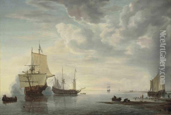 Dutch Frigates Exchanging Salutes In A Calm, With Yachts, A Rowingboat, A Sloop Carrying Personnel, And Fishermen On The Shore With Initials Oil Painting - Simon De Vlieger