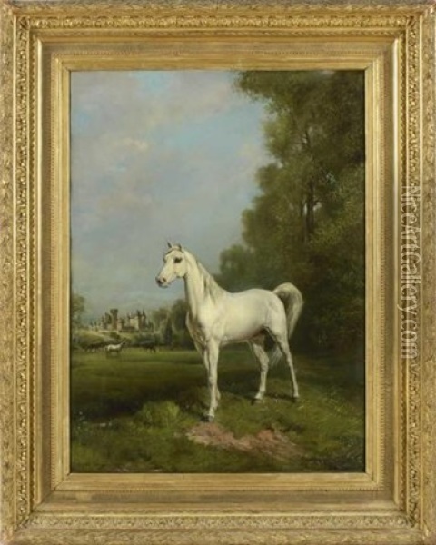 Portrait De Cheval Au Pre Devant Un Chateau Oil Painting - Theodore Levigne