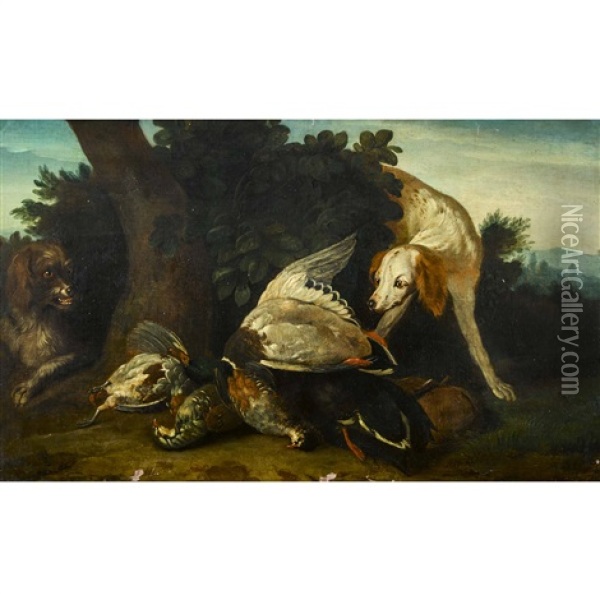Jagdstillleben Mit Hunden Und Erlegten Vogeln Oil Painting - Alexandre Francois Desportes